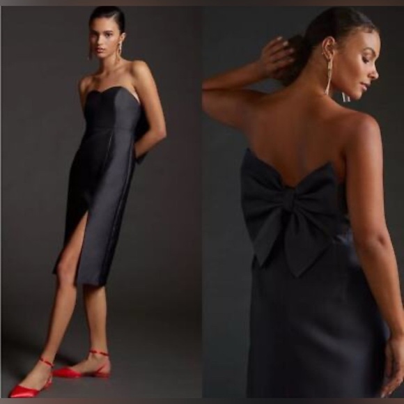 HUTCH black taffeta strapless bow back midi dress 2 - Picture 2 of 10